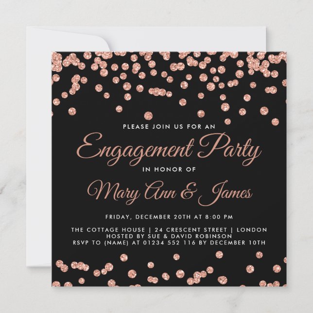Engagement Party Rose Gold Glitter Confetti Black Invitation (Front)