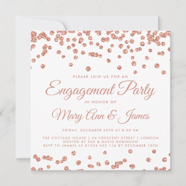 Engagement Party Rose Gold Glitter Confetti White Invitation (Front)