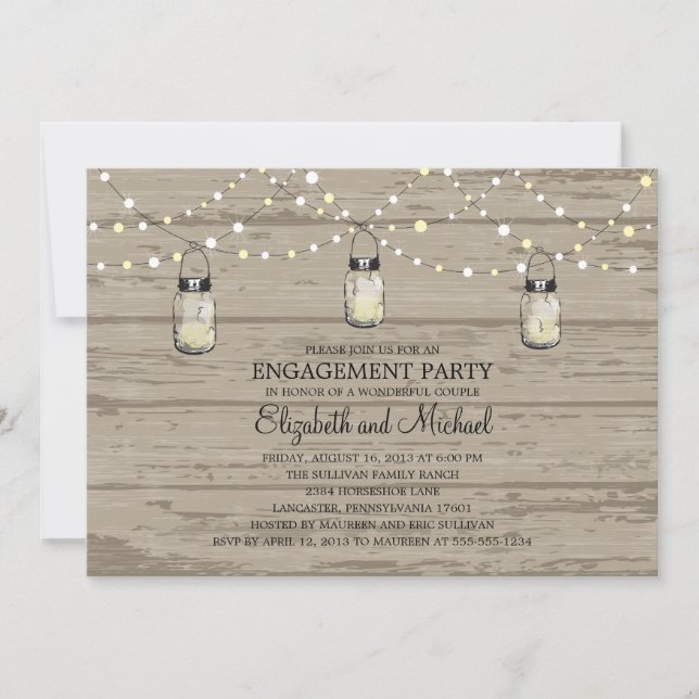 Engagement Party Rustic Wood Mason Jar and Lights Invitation (Front)