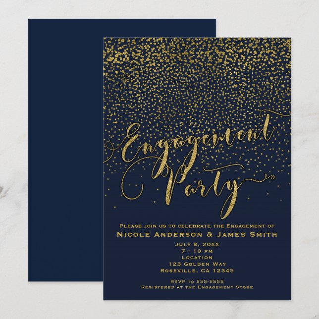 ENGAGEMENT PARTY Shower Navy Blue & Gold Confetti Invitation (Front/Back)