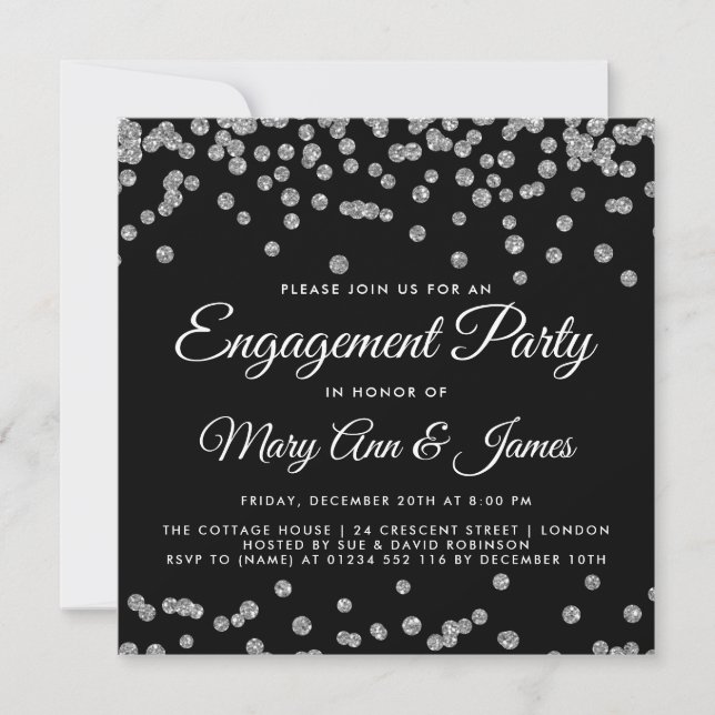 Engagement Party Silver Glitter Confetti Black Invitation (Front)