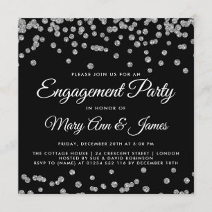 Engagement Party Silver Glitter Confetti Black Invitation