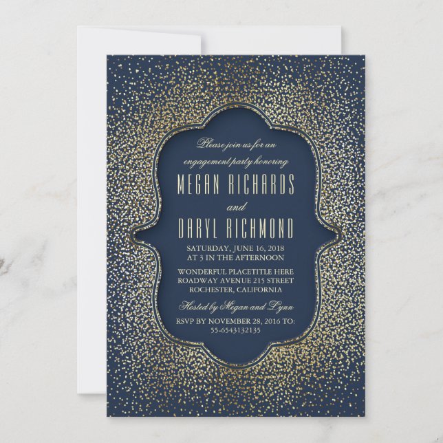 Engagement Party Vintage Gold Glitter Navy Invitation (Front)