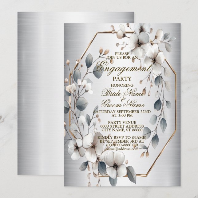 Engagement Party Watercolor White Flowers Silver Invitation (Front/Back)