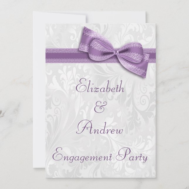 Engagement Party White Damask and Faux Bow Invitation (Front)