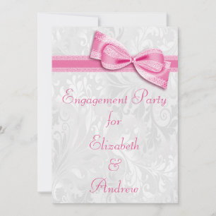 Engagement Party White Damask and Pink Faux Bow Invitation