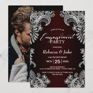 Engagement Party White Lace Burgundy Invitation
