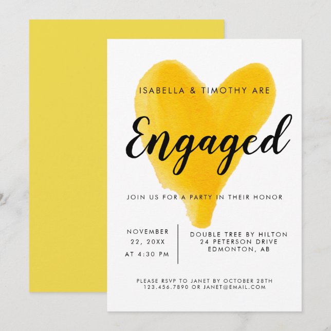 Engagement Party yellow heart watercolor modern Invitation (Front/Back)