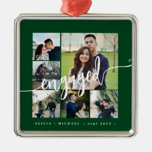 Engagement photo collage elegant script keepsake metal ornament