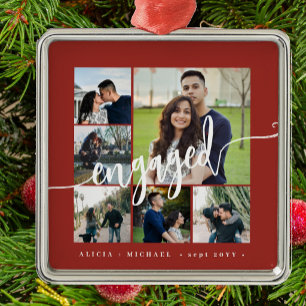 Engagement photo collage elegant script keepsake metal ornament