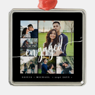 Engagement photo collage elegant script keepsake metal ornament