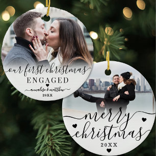 Engagement Photo First Christmas Engaged Ceramic Ornament