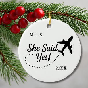 Engagement Photo She Said Yes! and Airplane Travel Ceramic Ornament