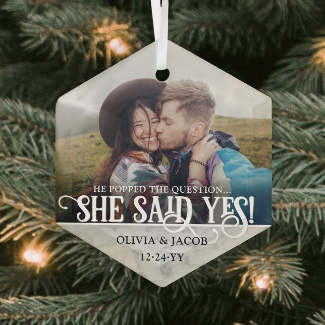 Engagement Photo She Said Yes! Christmas Marbled Glass Ornament (Creator Uploaded)