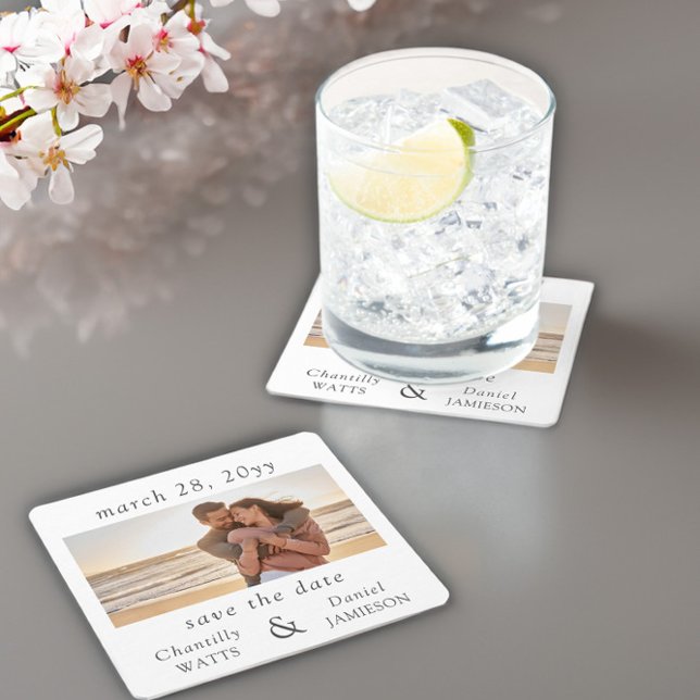 Engagement Photo Wedding Save the Date Square Paper Coaster (Engagement photo save the date coasters by Darling & May)