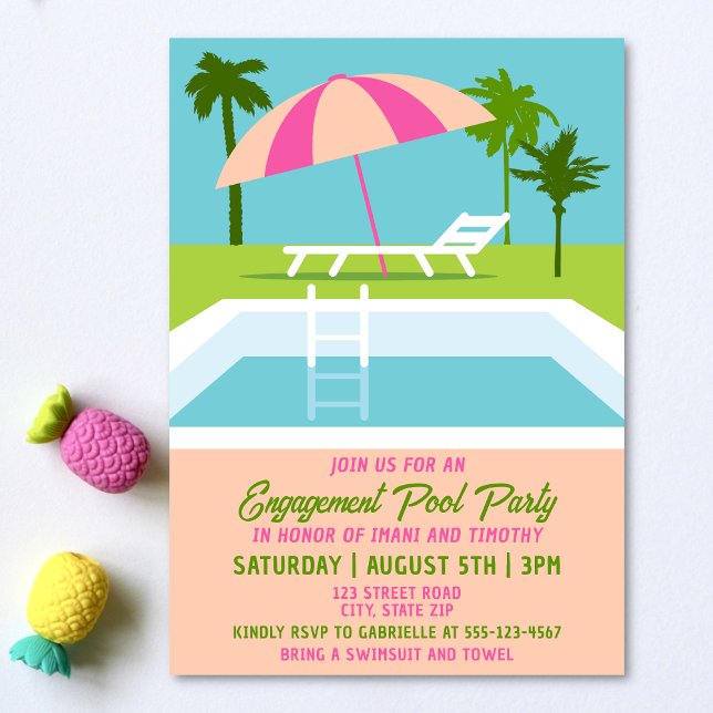 Engagement Pool Party Tropical Swimming Pool Invitation (Engagement pool party invitation on a light background with tropical decorations. )