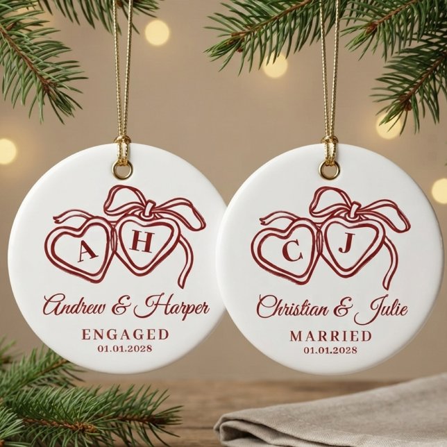 Engagement | Red Custom Monogram Wedding Newlyweds Ceramic Ornament (newlywed gift, bride and groom gift, engagement gift, future spouse gift, boyfriend girlfriend gift)