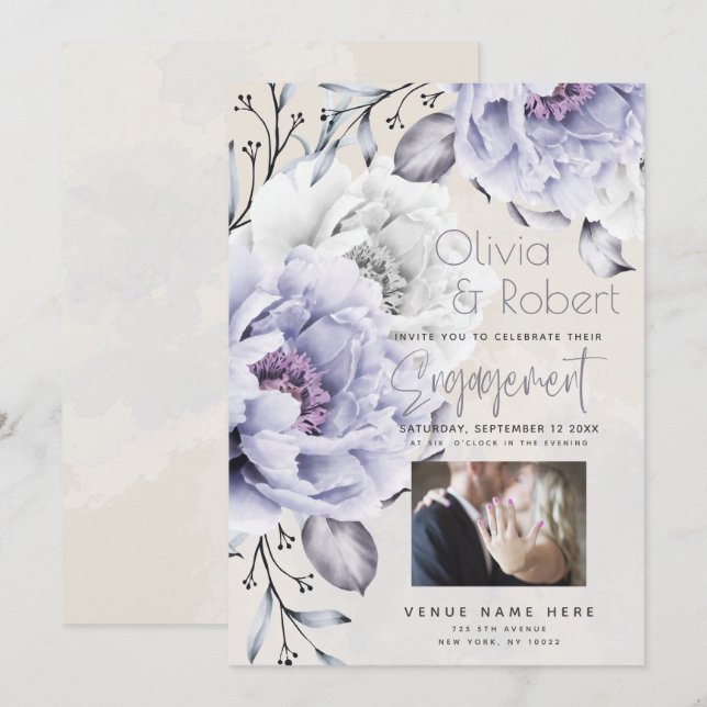 ENGAGEMENT | Rustic Lilac and Alabaster Peony Flor Invitation (Front/Back)