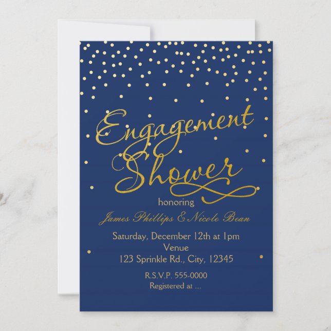 Engagement Shower Blue & Gold Foil dots Invitation (Front)
