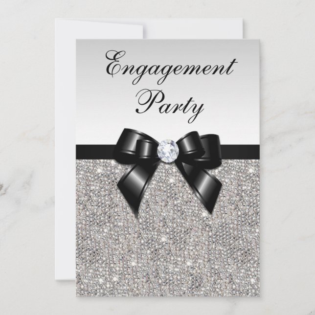Engagement Silver Sequins Black Bow Invitation (Front)