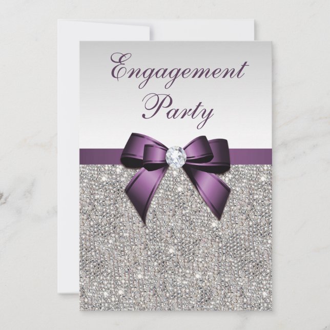 Engagement Silver Sequins Violet Bow Invitation (Front)