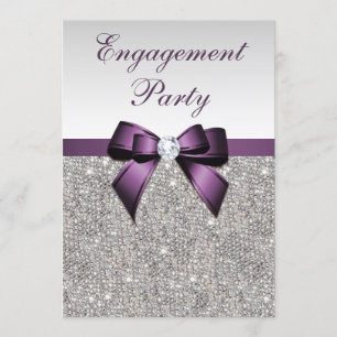 Engagement Silver Sequins Violet Bow Invitation