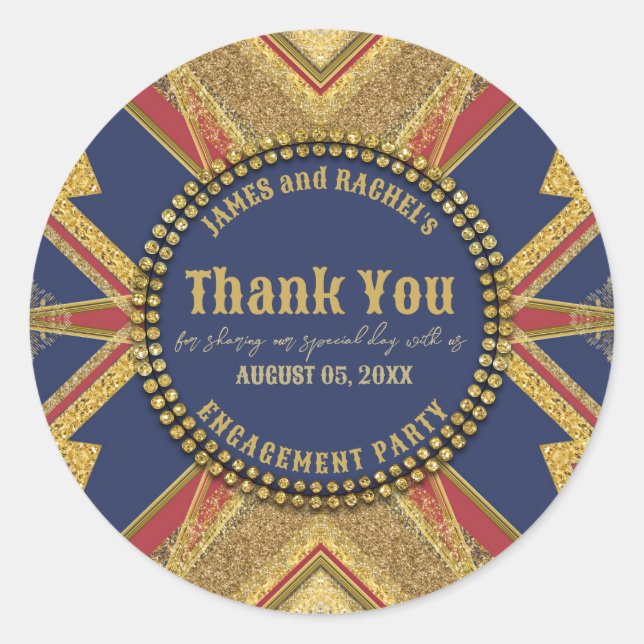 Engagement Thank You Red Blue Gold Modern Art Deco Classic Round Sticker (Front)