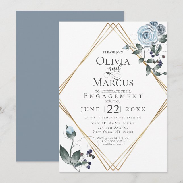 ENGAGEMENT | Watercolor Dusty Blue Floral Invitation (Front/Back)