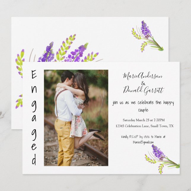 Engagement Watercolor Lavender and Green Floral Announcement (Front/Back)