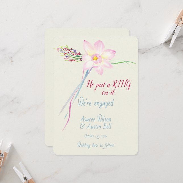 Engagement Watercolor Pink Lotus  Card (Front/Back In Situ)