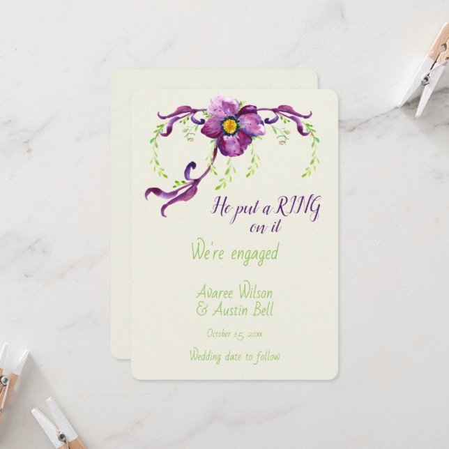 Engagement Watercolor Purple Floral Card (Front/Back In Situ)