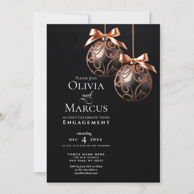 ENGAGEMENT | Winter Rose Gold Onyx Baubles  Invitation (Front)