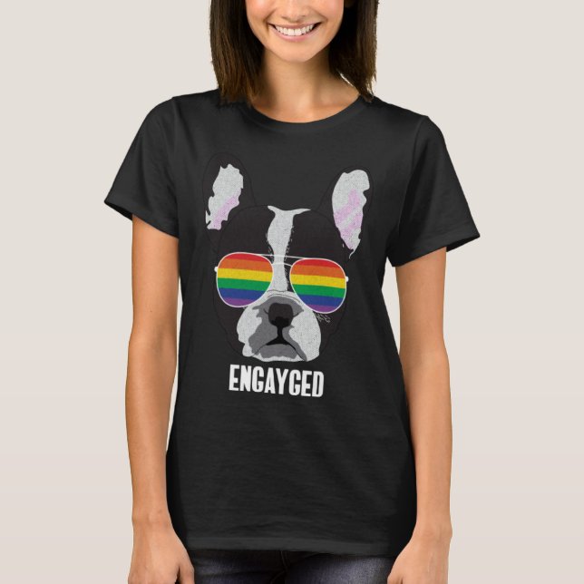 Engayged  Boston Terrier Dog Gay Pride T-Shirt (Front)
