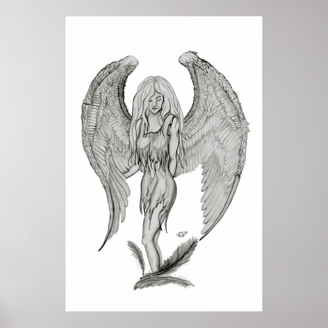 Engel Bleistiftzeichnung Black and white Design Poster (Front)