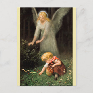 Engel und Mädchen im Wald. Postcard