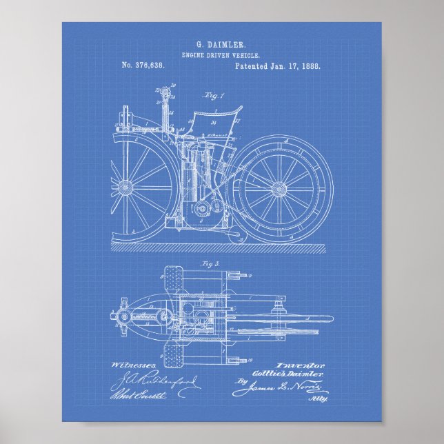 Engine Driven Vehicle 1888 Patent Art Blueprint Poster (Front)