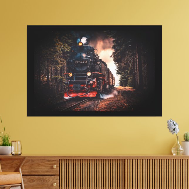 Engine Train chugging through a lush forest area  Canvas Print (Insitu(LivingRoom))