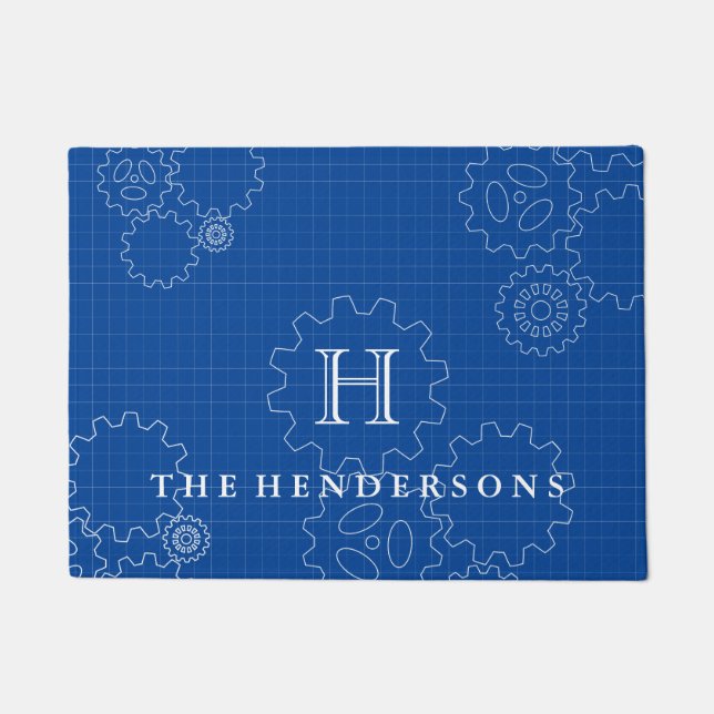 Engineer Blueprint Style Custom Family Monogram Doormat (Front)