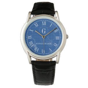 Engineer Blueprint Style Custom Monogram   Name Watch