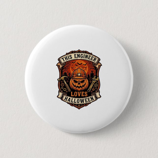 Engineer Loves Halloween Pumpkin Hard Hat Hammer W 2 Inch Round Button (Front)