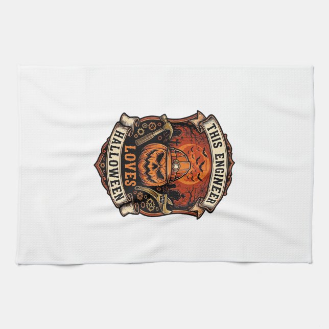 Engineer Loves Halloween Pumpkin Hard Hat Hammer W Kitchen Towel (Horizontal)