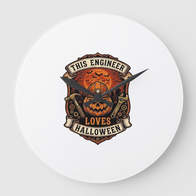 Engineer Loves Halloween Pumpkin Hard Hat Hammer W Large Clock (Front)