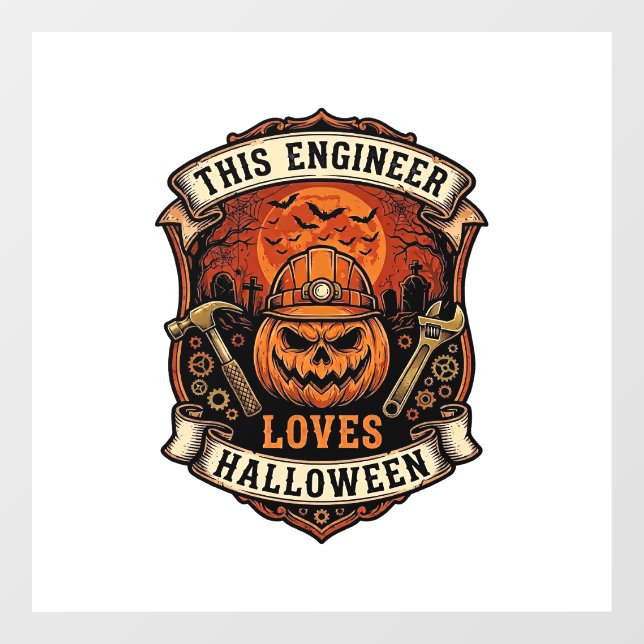 Engineer Loves Halloween Pumpkin Hard Hat Hammer W Window Cling (Sheet)