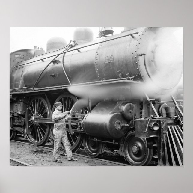 Engineer Oiling Locomotive, 1904. Vintage Photo Poster (Front)