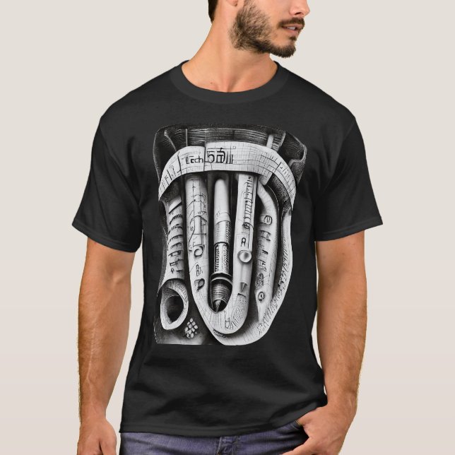 Engineering Complex Mechanical Machine Pencil Sket T-Shirt (Front)