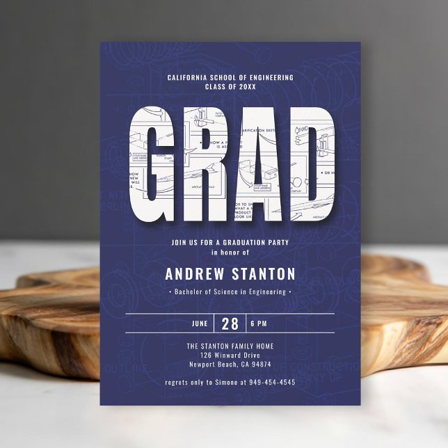 Engineering Graduation Engineer Blue White Party Invitation (engineering engineer graduation ceremony party invitation navy blue white template minimalist modern)