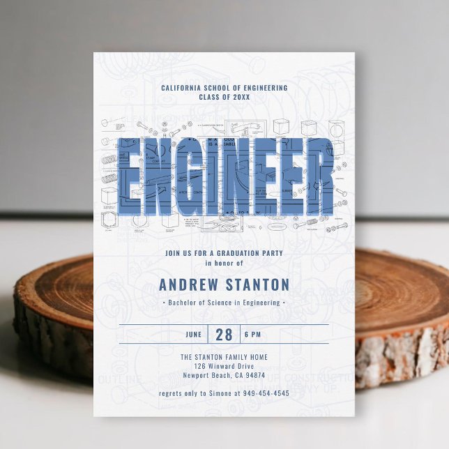 Engineering Graduation Engineer White Draught Part Invitation (engineering engineer graduation ceremony party invitation white blue template modern minimalist)