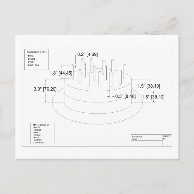 Engineer's Birthday Cake Plan Postcard (Front)