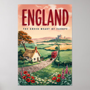 England Countryside Illustration Travel Art Retro Poster