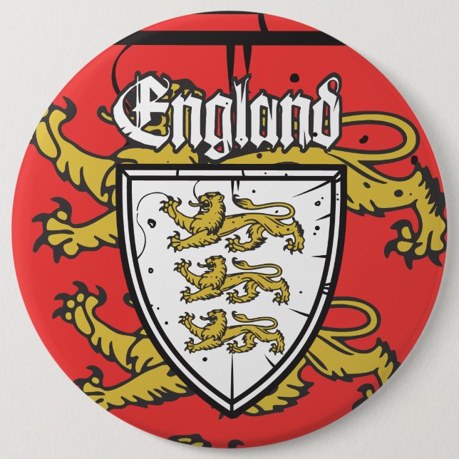 England Three Lions Wooden Shield 6 Inch Round Button (Front)